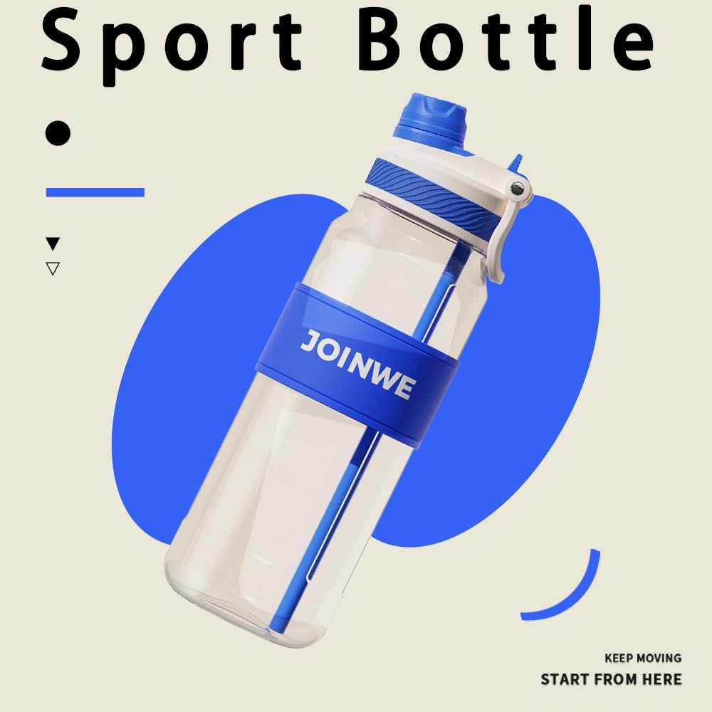 ZZT 34 oz Plastic Water Bottles, Sports Water Bottle With Straw, Leakproof,Double Drinking，Sports Water Bottle for Indoor and Outdoor Activity ﻿ (Blue)