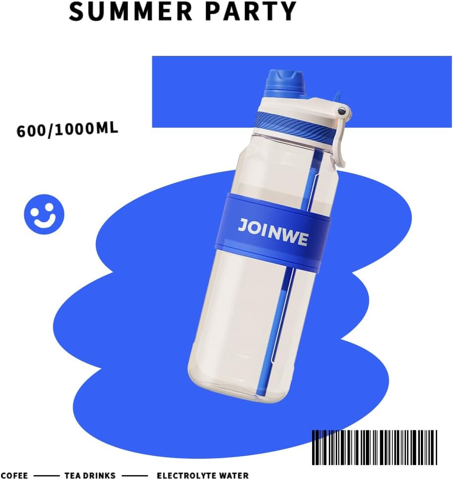 ZZT 34 oz Plastic Water Bottles, Sports Water Bottle With Straw, Leakproof,Double Drinking，Sports Water Bottle for Indoor and Outdoor Activity ﻿ (Blue)