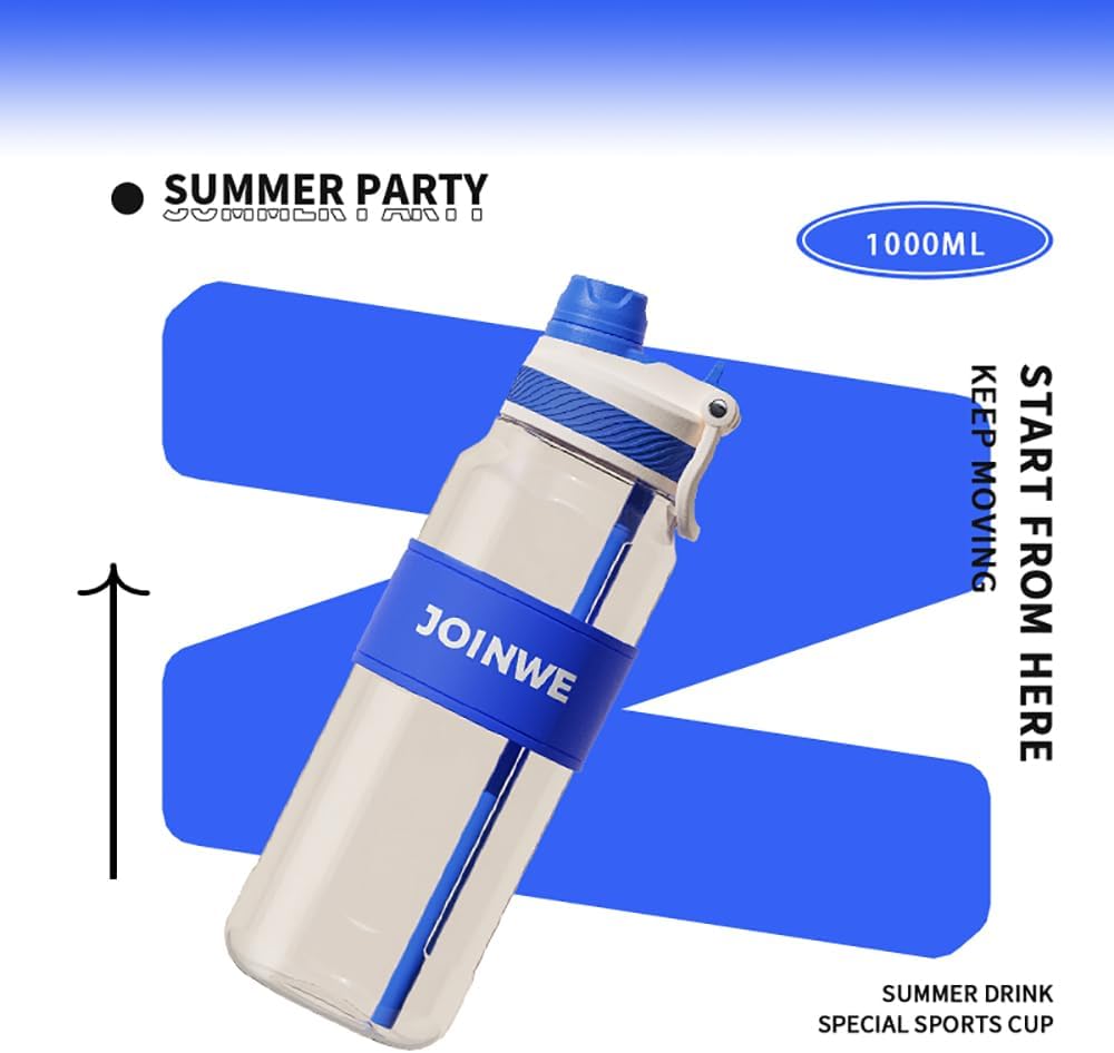 ZZT 34 oz Plastic Water Bottles, Sports Water Bottle With Straw, Leakproof,Double Drinking，Sports Water Bottle for Indoor and Outdoor Activity ﻿ (Blue)