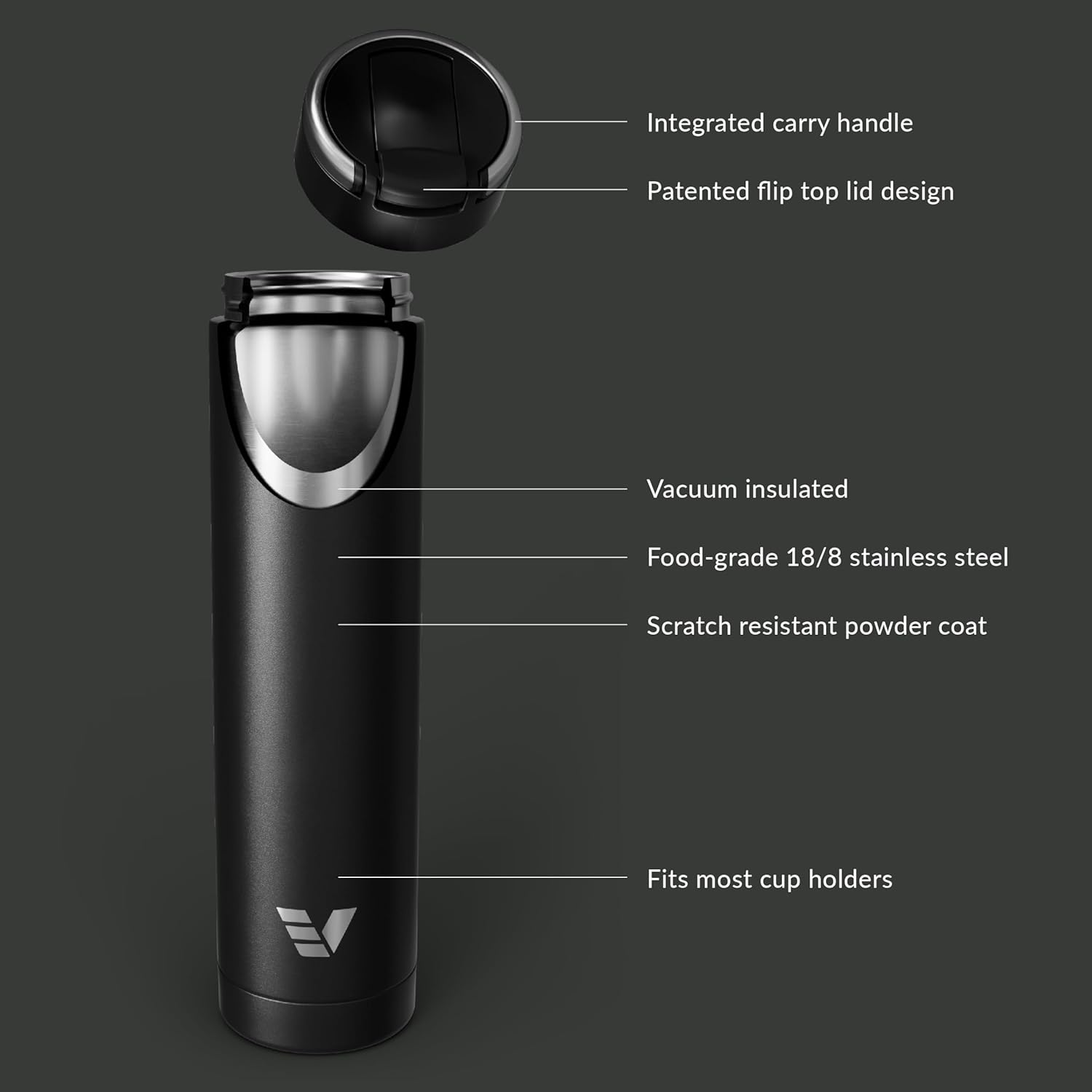 Super Maxi Stainless Steel Water Bottle 36oz - Double wall vacuum insulated | Integrated carry handle | leak proof flip top lid | Lightweight & stylish - Black