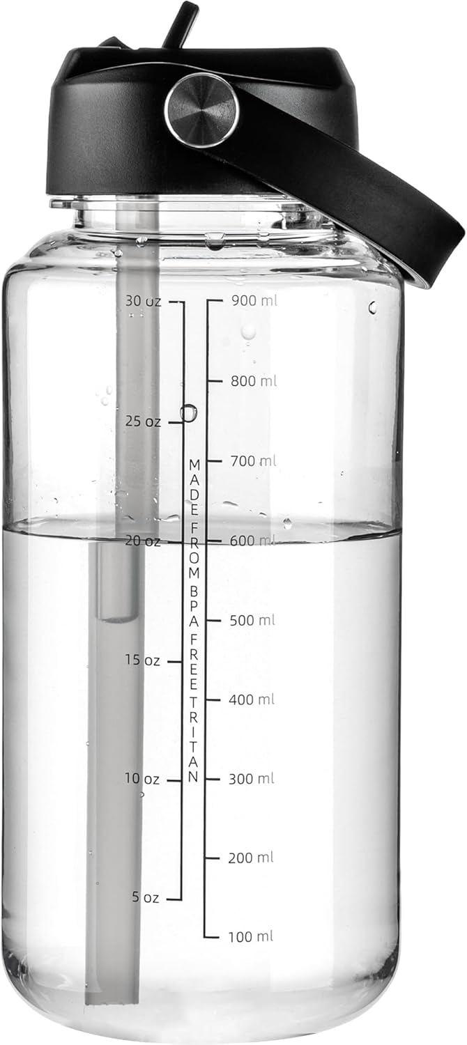OLDLEY 32 oz Clear Water Bottle with Straw,Tritan BPA-Free, Wide Mouth, Leak Proof - for Gym, Travel, Home, School, Office (Clear)