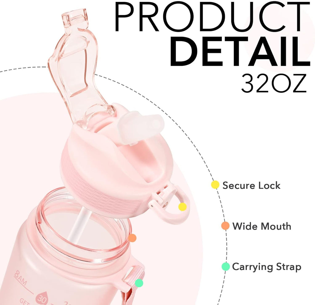 Hyeta 32oz Water Bottles with Straw - Stay Motivated and Hydrated with Convenient Times to Drink Markings, Durable, Leak-proof