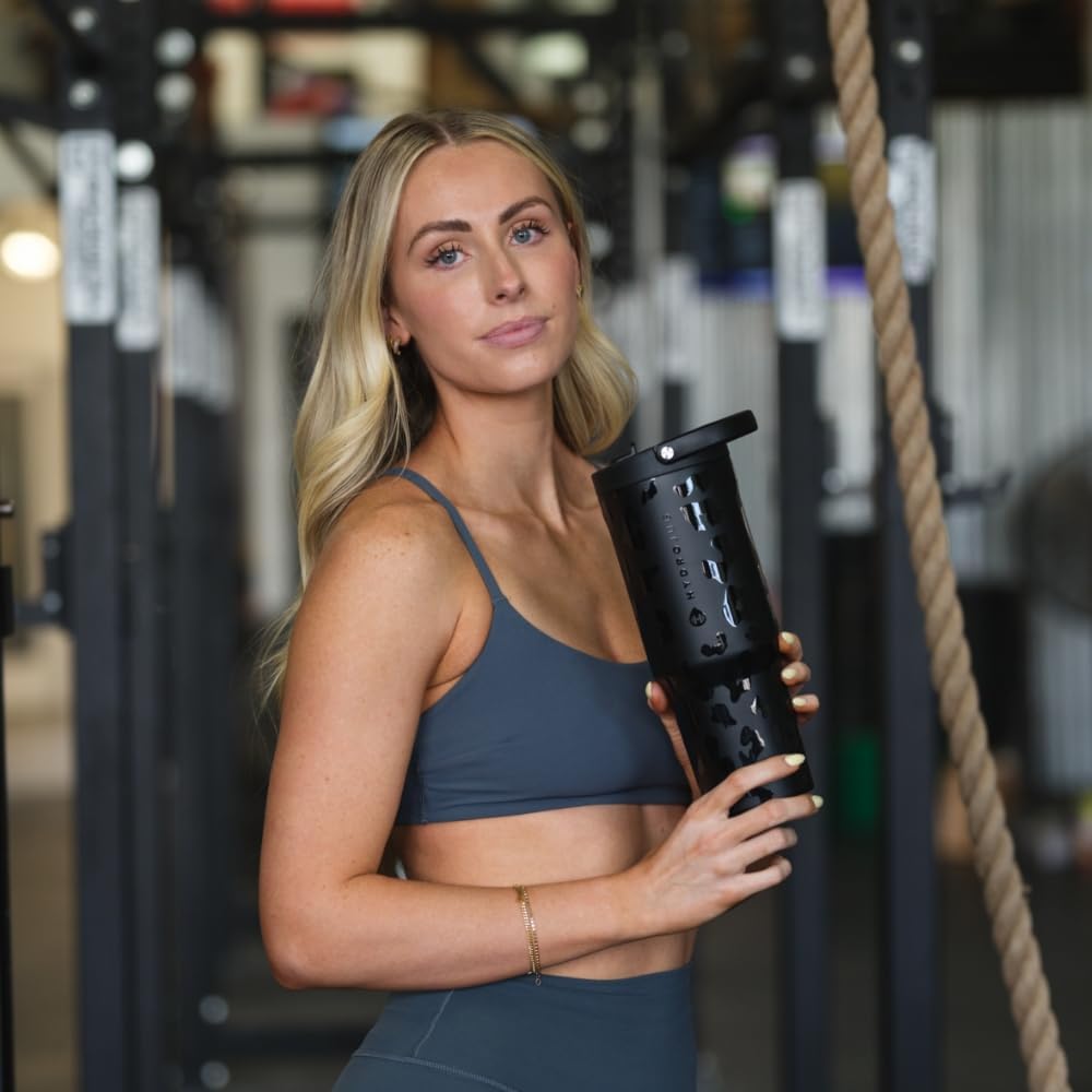 HydroJug Sport - Stainless Steel Tumbler with Straw, Vacuum Insulated, 40oz Leakproof Water Bottle, Ergonomic Design, Reusable, Dishwasher Safe, Rubber Base, Durable for Gym or Outdoors, Black Leopard
