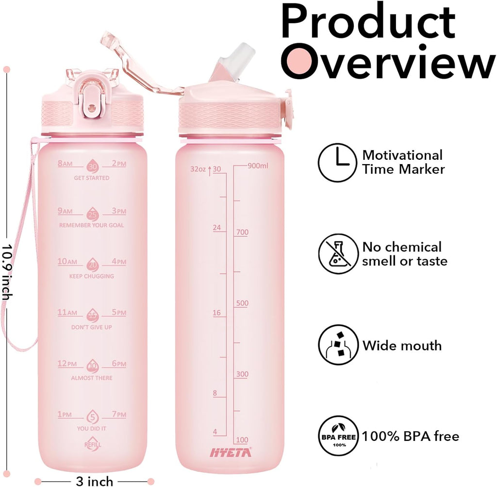 Hyeta 32oz Water Bottles with Straw - Stay Motivated and Hydrated with Convenient Times to Drink Markings, Durable, Leak-proof