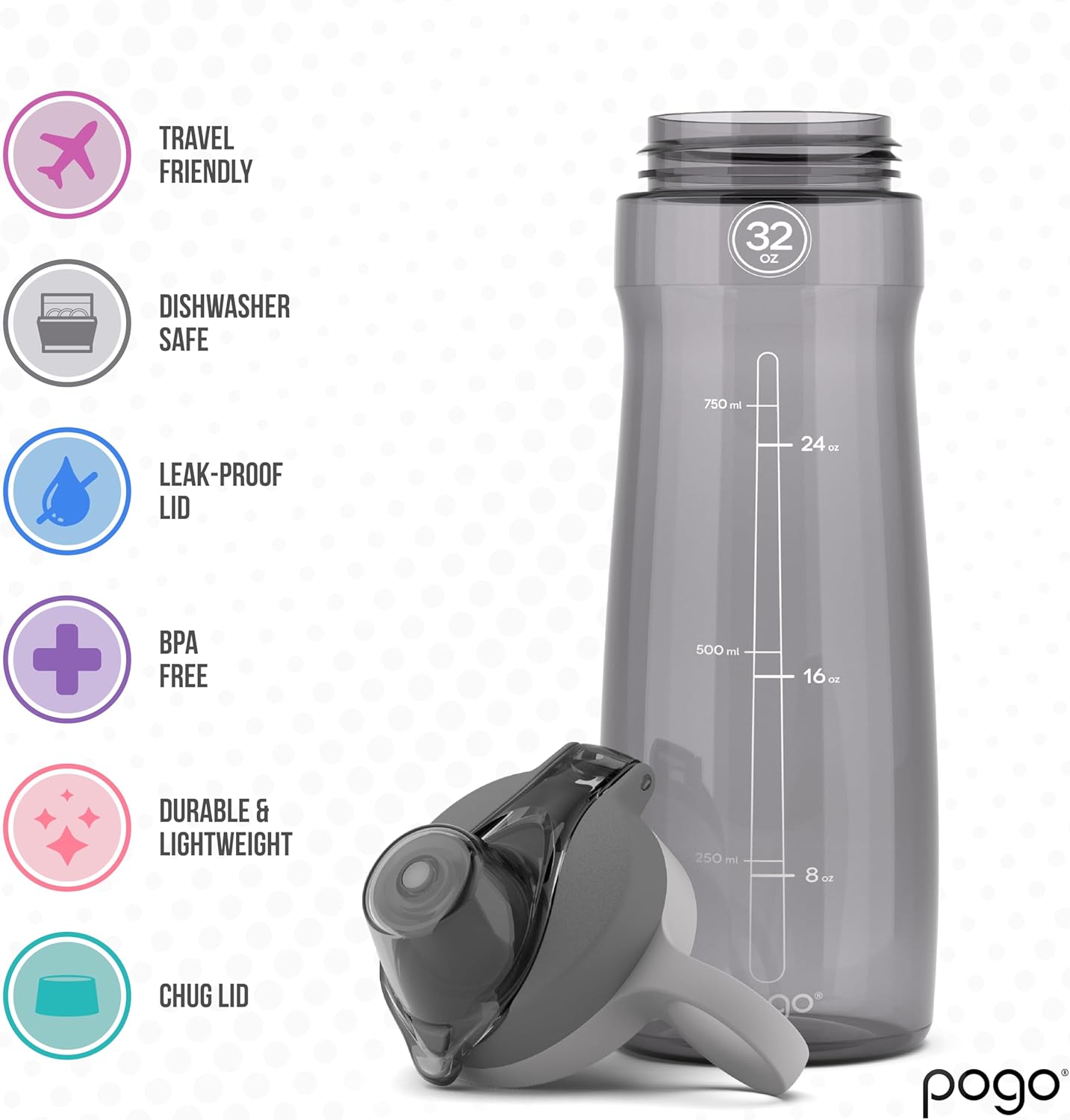 Pogo BPA-Free Tritan Plastic Water Bottle with Chug Lid, 32 Oz, Grey