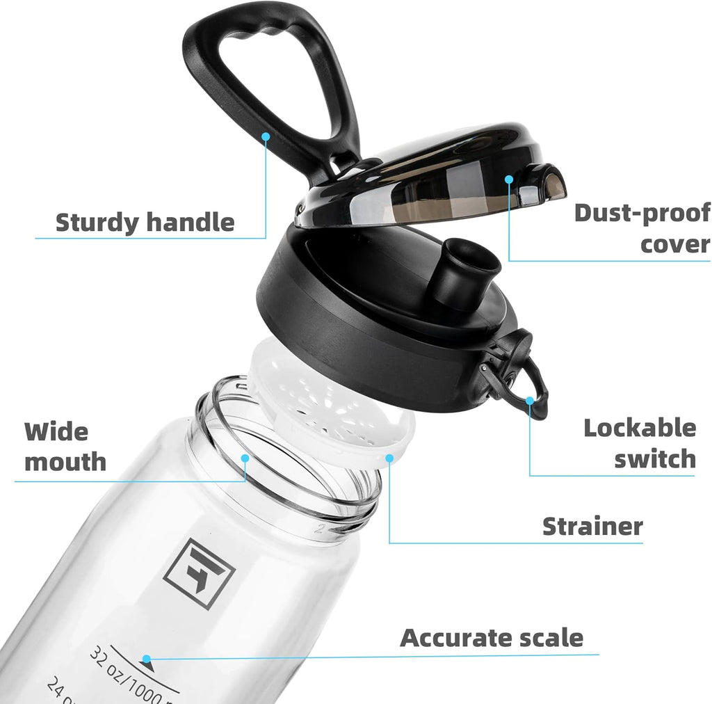 Fanhaw 32 oz Tritan Water Bottle with Chug Lid - Clear, BPA-Free, Lightweight, Wide Mouth, Leak-Proof, Perfect for Gym, Travel, School, Office, and Sports (Clear & Black)