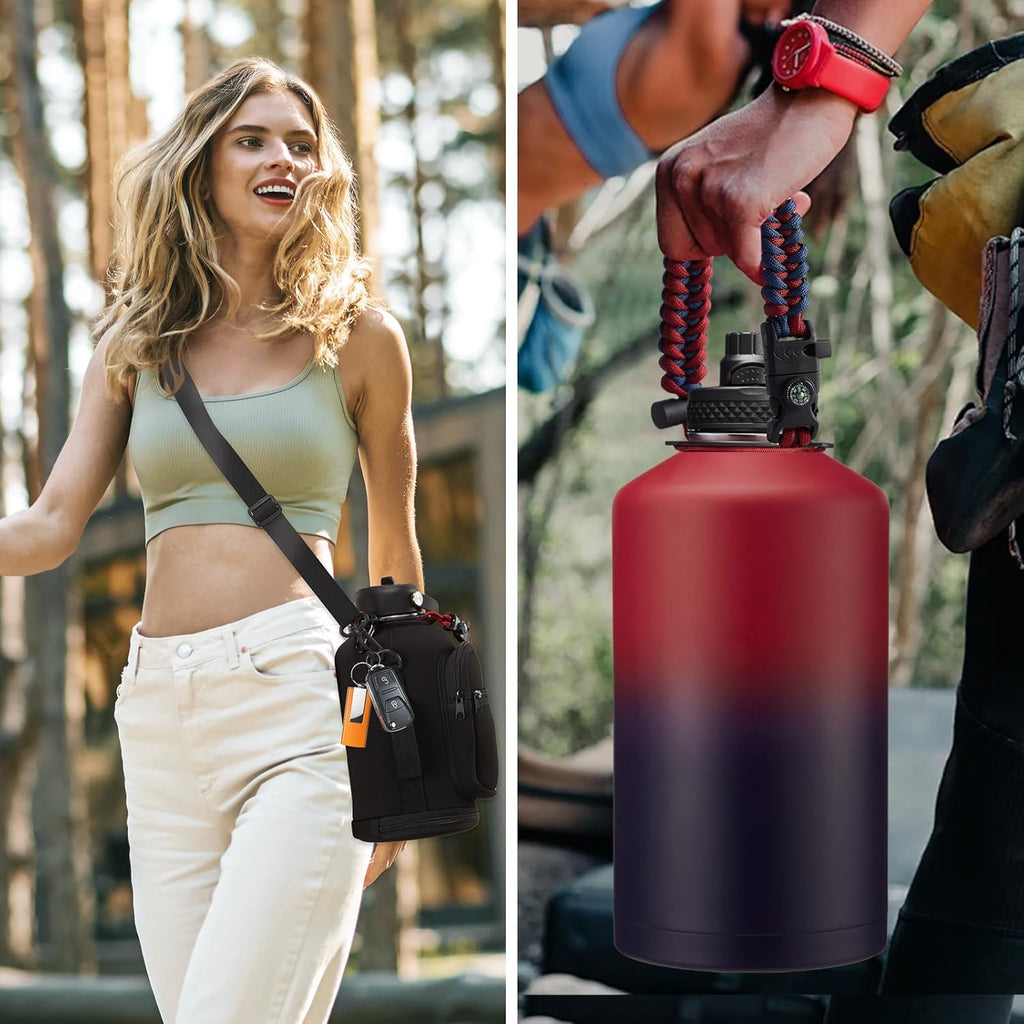 1 Gallon Water Bottle with Straw - 128oz Stainless Steel Water Jug with Sleeve Carrier Bag, Auto Spout Lid, Paracord Handle, Large Insulated Water Bottles Gallon Water Jug, Metal Hydro Thermo Flask