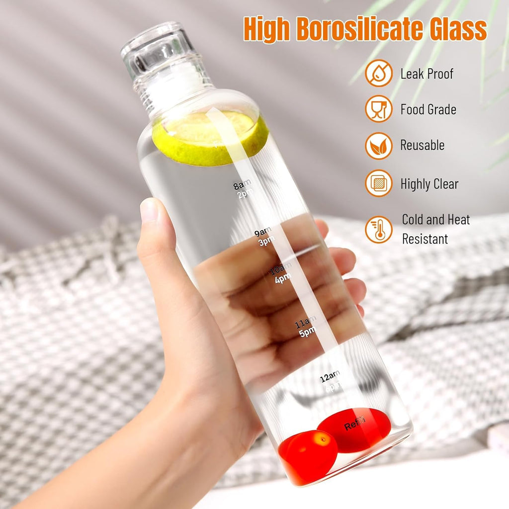 Water Bottles with Lids and Time Marker,Simple Modern Transparent Glass Water Bottles, 17oz Glass Cups,for Juicing for Office, Gyms, Cafés, Gym Essentials Women