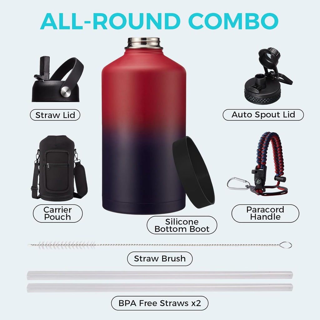 1 Gallon Water Bottle with Straw - 128oz Stainless Steel Water Jug with Sleeve Carrier Bag, Auto Spout Lid, Paracord Handle, Large Insulated Water Bottles Gallon Water Jug, Metal Hydro Thermo Flask
