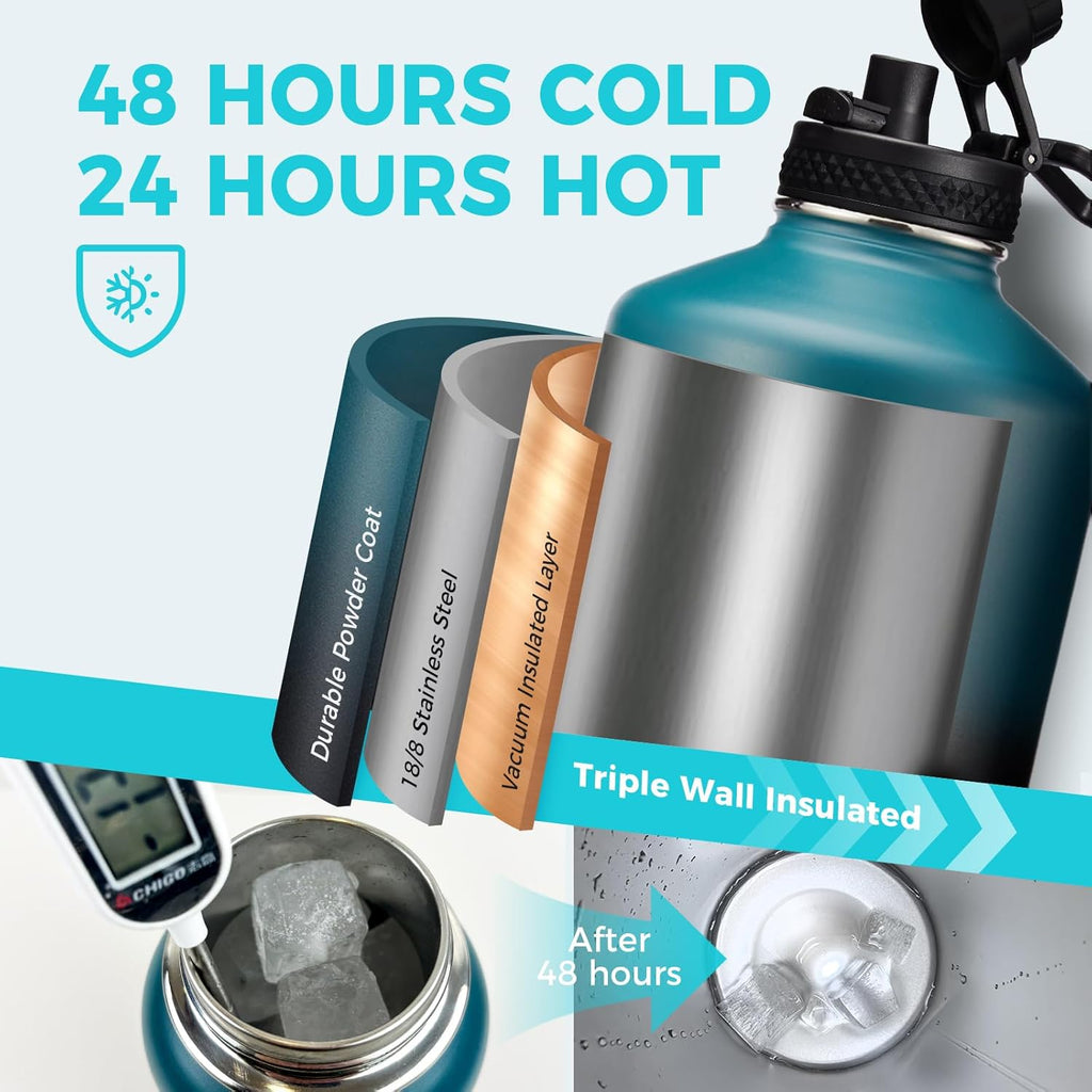 1 Gallon Water Bottle with Straw - 128oz Stainless Steel Water Jug with Sleeve Carrier Bag, Auto Spout Lid, Paracord Handle, Large Insulated Water Bottles Gallon Water Jug, Metal Hydro Thermo Flask