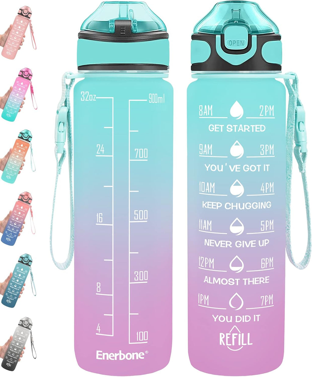 Enerbone 32 oz Drinking Water Bottle with Times to Drink and Straw, Motivational with Carrying Strap, Leakproof BPA & Toxic Free, Ensure You Drink Enough Water for Fitness Gym Outdoor