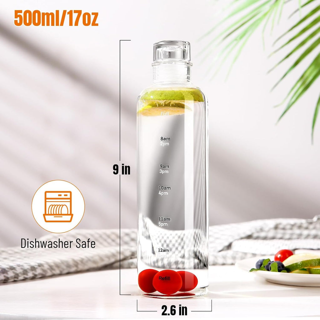 Water Bottles with Lids and Time Marker,Simple Modern Transparent Glass Water Bottles, 17oz Glass Cups,for Juicing for Office, Gyms, Cafés, Gym Essentials Women