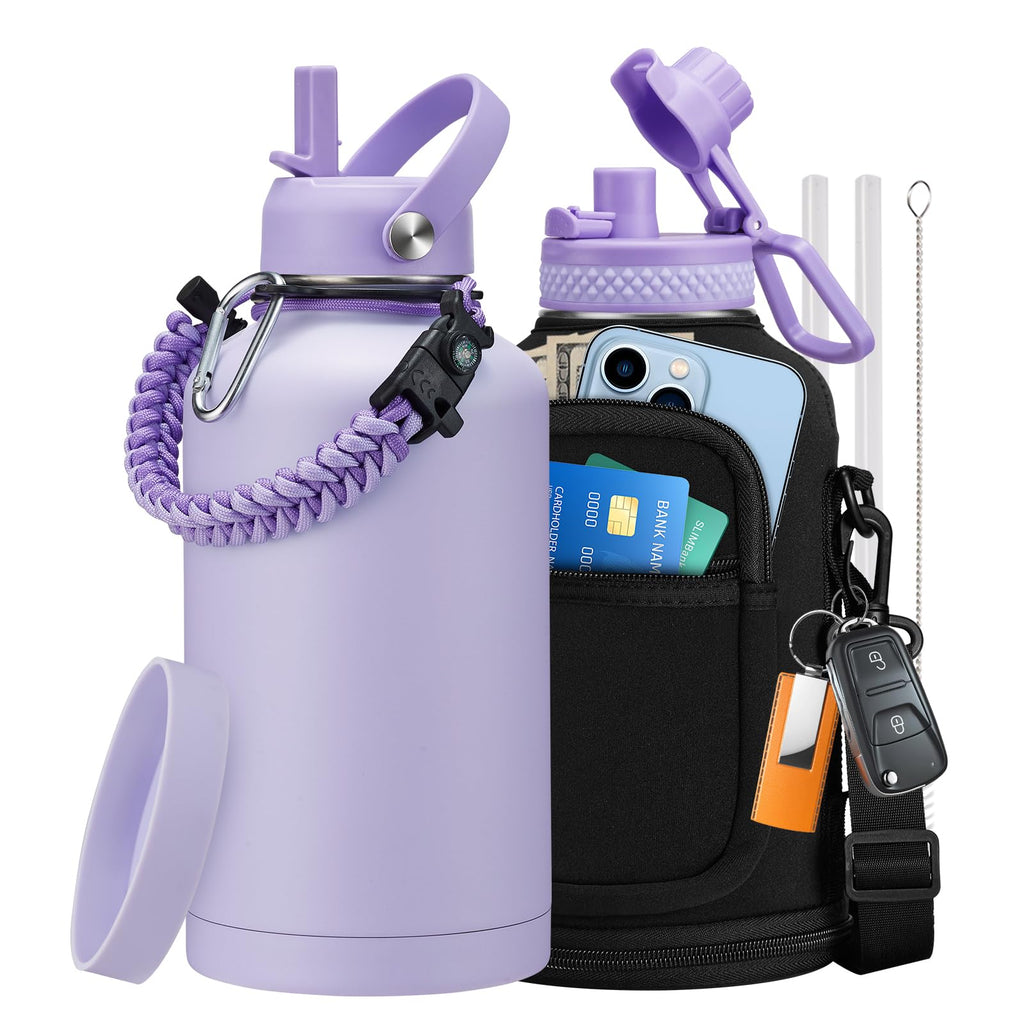 1 Gallon Water Bottle with Straw - 128oz Stainless Steel Water Jug with Sleeve Carrier Bag, Auto Spout Lid, Paracord Handle, Large Insulated Water Bottles Gallon Water Jug, Metal Hydro Thermo Flask