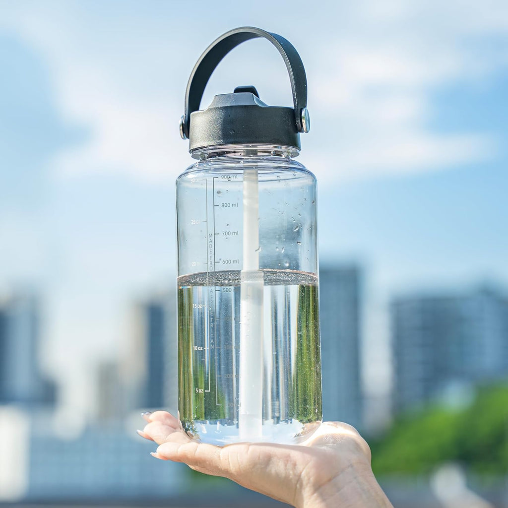 OLDLEY 32 oz Clear Water Bottle with Straw,Tritan BPA-Free, Wide Mouth, Leak Proof - for Gym, Travel, Home, School, Office (Clear)