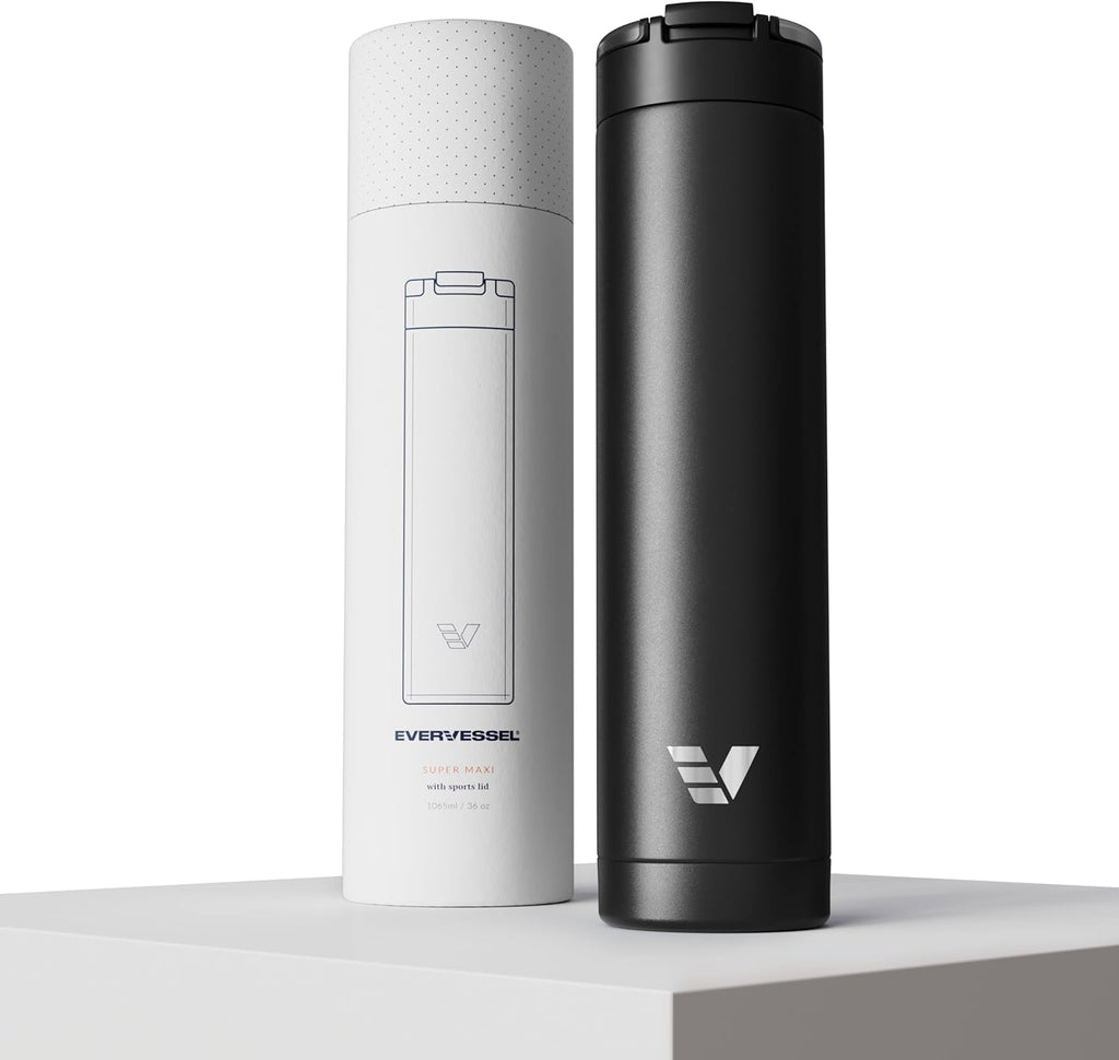 Super Maxi Stainless Steel Water Bottle 36oz - Double wall vacuum insulated | Integrated carry handle | leak proof flip top lid | Lightweight & stylish - Black