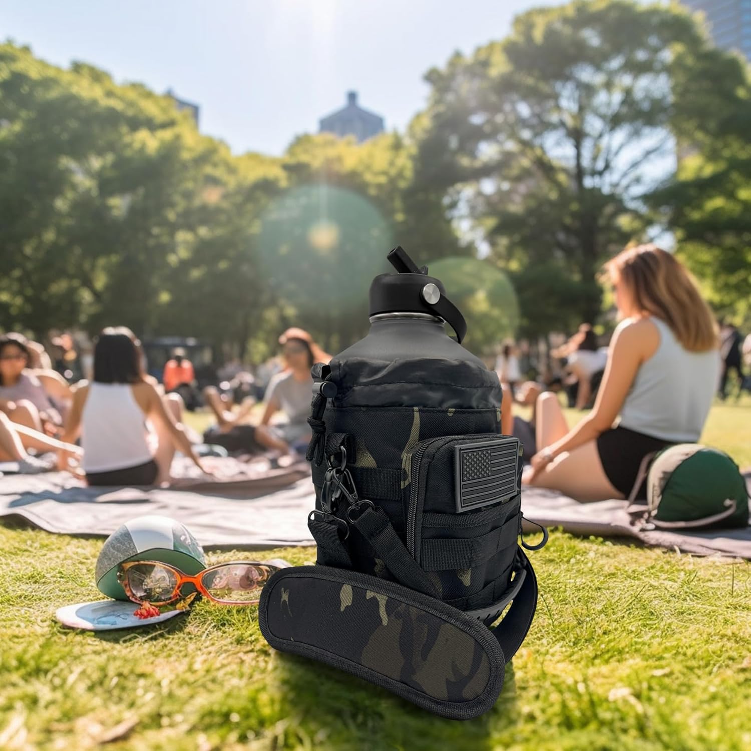 1 Gallon Water Bottle - 128 Oz Insulated Stainless Steel Metal Water Bottle with Holder - Carrying Bag - Spout Handle - Straw Lids - Keep Cold & Hot - Grey Tactical Flask