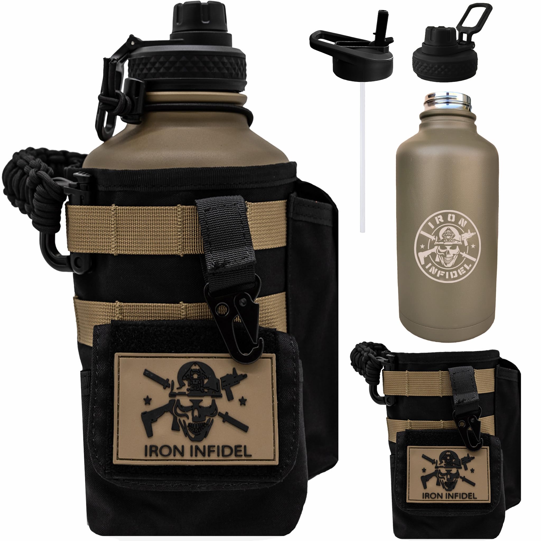 Iron Infidel Battle Bottle - One Gallon Insulated Water Bottle with Dual Carry Handles - 128 oz Tactical Stainless Steel Water Jug & Rugged Extra Large Sleeve With Storage (Betsy 128 Ounces)