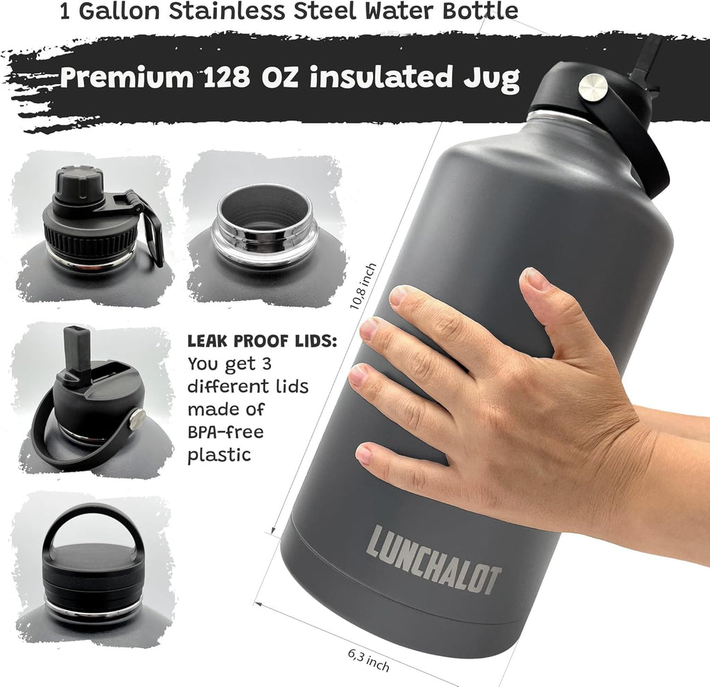1 Gallon Water Bottle - 128 Oz Insulated Stainless Steel Metal Water Bottle with Holder - Carrying Bag - Spout Handle - Straw Lids - Keep Cold & Hot - Grey Tactical Flask