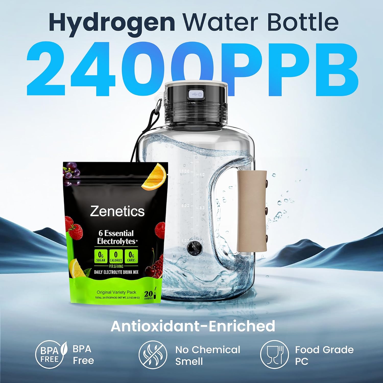 Zenetics Advanced Hydrogen Water Bottle + Electrolyte Hydration Powder Bundle – 1.5 L BPA-Free Hydrogen Generator, Up to 2400 PPB, USB Rechargeable + Clean Hydration Electrolyte Formula