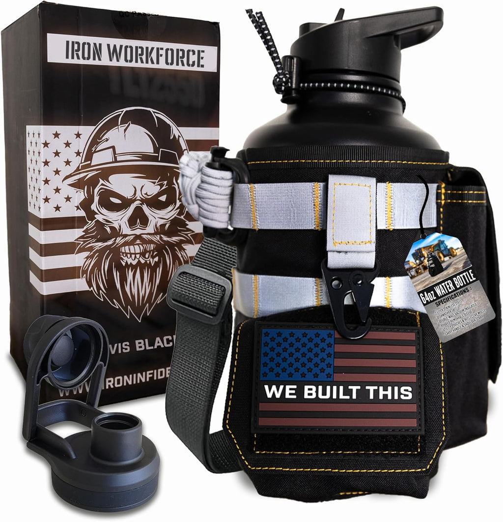 Iron Infidel Workforce Water Bottle - 64 oz Insulated Stainless Steel | Half Gallon Vacuum Water Jug | Paracord Handle, Removable Sleeve | Large Thermal Flask | Hiking, Camping, Workouts (Black)