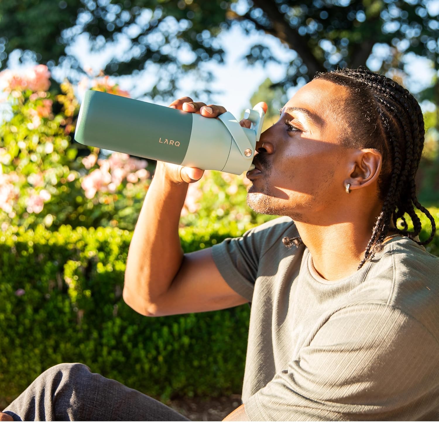 LARQ Twice as Nice Set Bottle Swig Top 34oz - Insulated Stainless Steel Water Bottle With Built-In Silicone Handle, Eucalyptus Green & Luberon Lavender