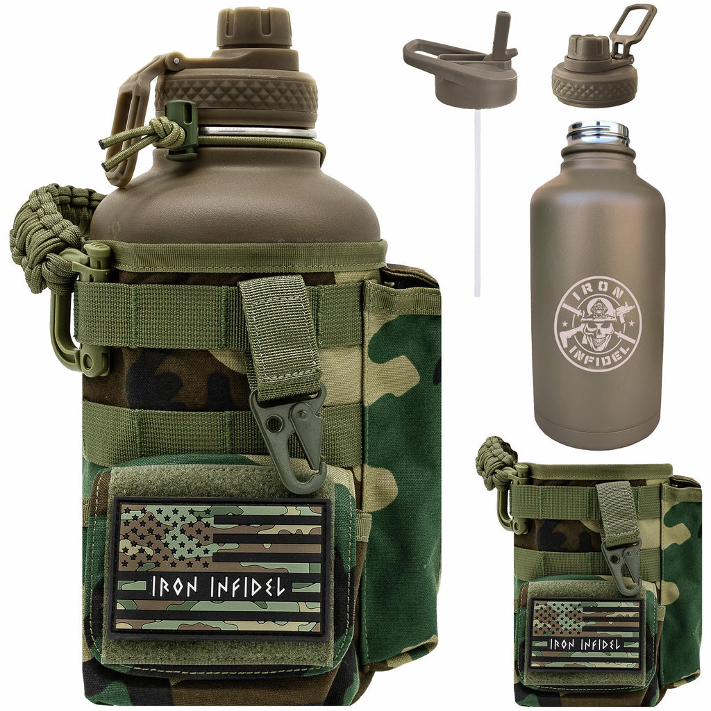 Iron Infidel Battle Bottle - One Gallon Insulated Water Bottle with Dual Carry Handles - 128 oz Tactical Stainless Steel Water Jug & Rugged Extra Large Sleeve With Storage (Betsy 128 Ounces)