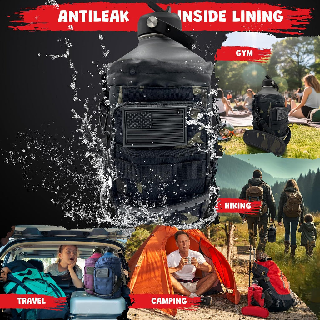 1 Gallon Water Bottle - 128 Oz Insulated Stainless Steel Metal Water Bottle with Holder - Carrying Bag - Spout Handle - Straw Lids - Keep Cold & Hot - Grey Tactical Flask